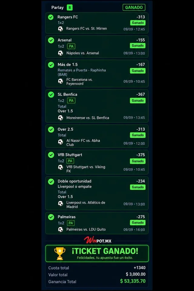 Parlay de 8 selecciones ganado, cuota +1340, Champions League, 9 de septiembre