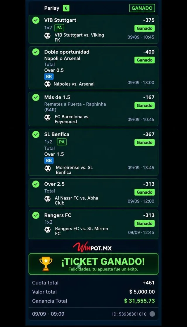 Parlay de 6 selecciones ganado, cuota +461, 9 de septiembre