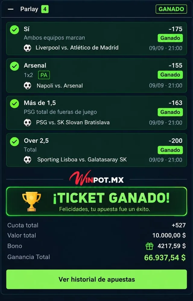 Parlay de 4 selecciones ganado, cuota +527, 9 de septiembre